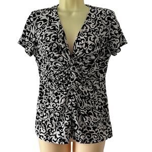 B-Slim Black & White Print Knit Top Blouse with Built in Bodyshaper